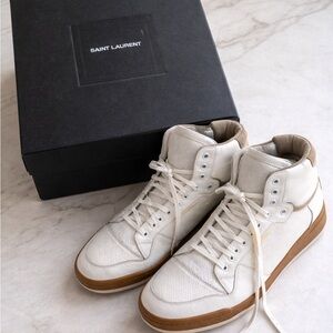 Saint Laurent White & Tan High-Top Sneakers with Gum Sole – Size 8
